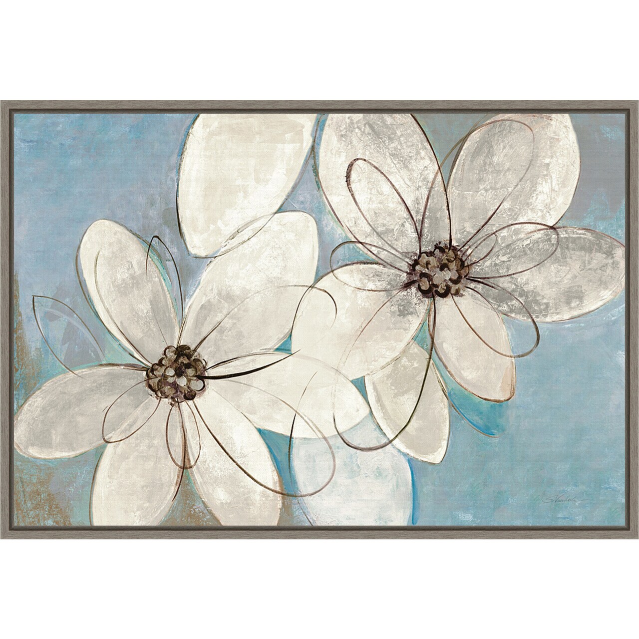 Blue and Neutral Floral by Silvia Vassileva 23-in. W x 16-in. H. Canvas Wall Art Print Framed in Grey